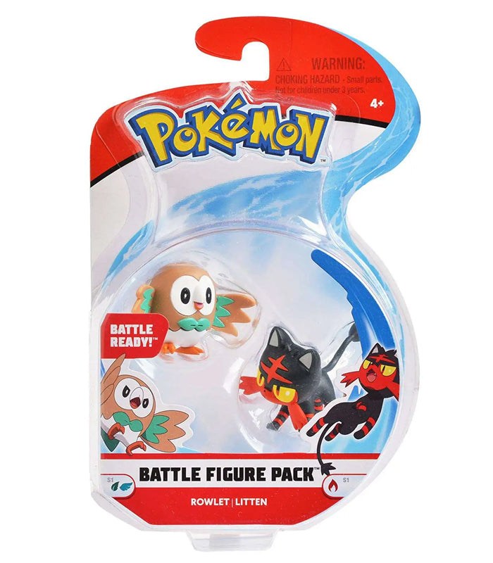 Pokemon Battle Figures pack featuring Rowlet and Litten in dynamic battle poses.