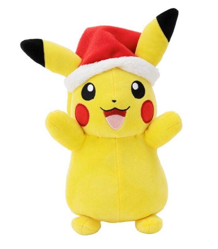 Christmas Pikachu 8" Plush Pokémon with Santa hat, perfect holiday gift for Pokémon fans.