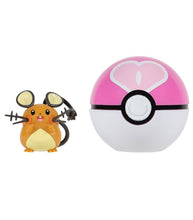 Load image into Gallery viewer, Dedenne Clip &#39;N&#39; Go set with Love Ball, featuring a detailed Pokémon figure and pink and white ball accessory.
