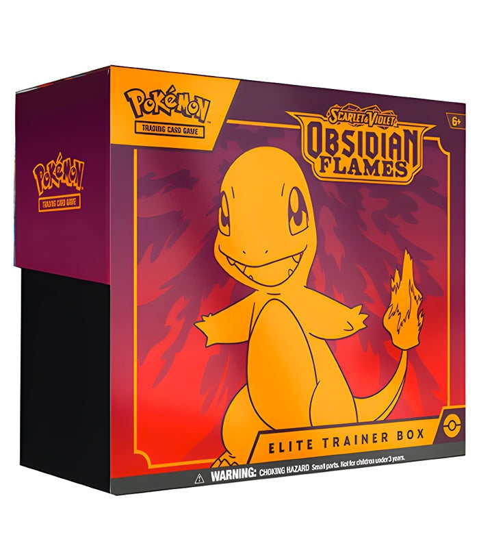 Pokemon TCG Scarlet & Violet Obsidian Flames Elite Trainer Box featuring Charmander design.