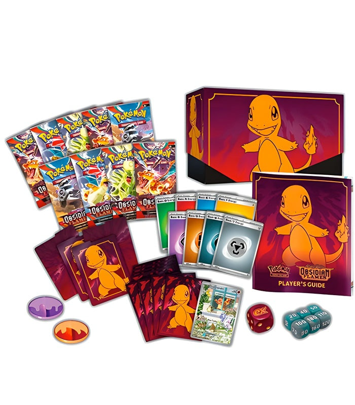 Pokemon TCG Scarlet & Violet Obsidian Flames Elite Trainer Box with Charmander art, booster packs, card sleeves, and game accessories.