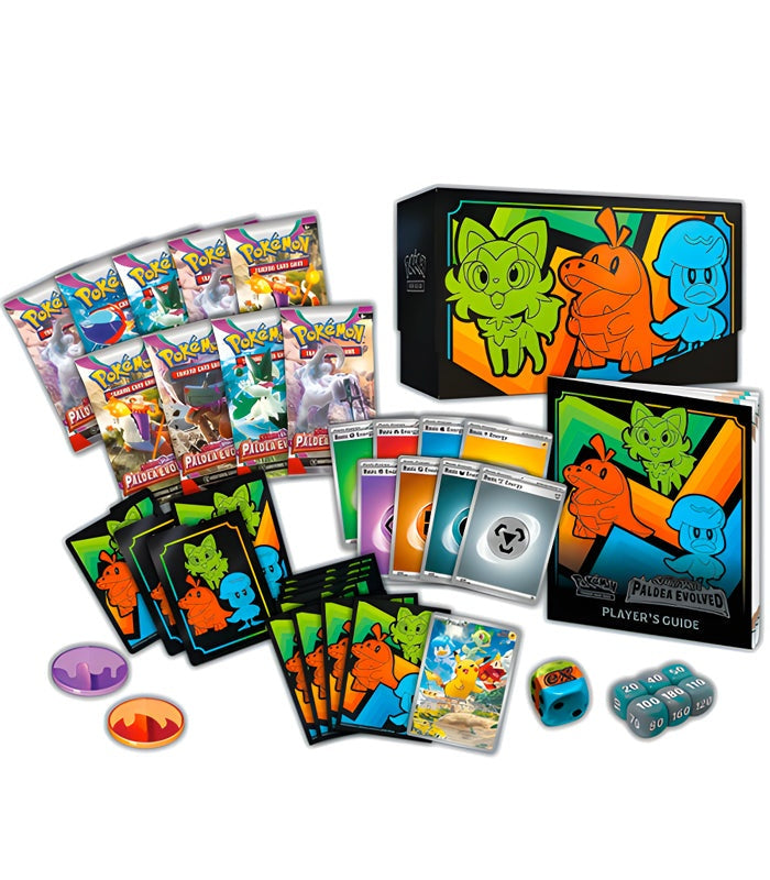 Pokemon TCG Scarlet & Violet Paldea Evolved Elite Trainer Box with booster packs, card sleeves, Pikachu promo, guidebook, and dice.