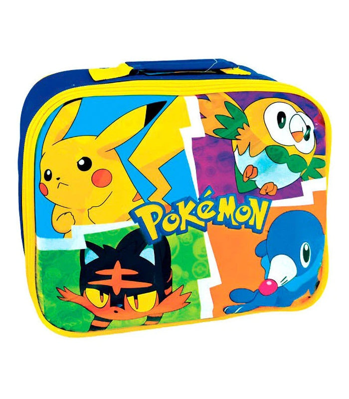 Colorful Pokemon lunch bag featuring Pikachu, Rowlet, Litten, and Popplio with insulated compartment.
