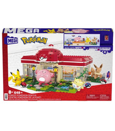 MEGA Pokemon Forest Pokemon Center building set with Pikachu, Chansey, Eevee, and Togepi figures.
