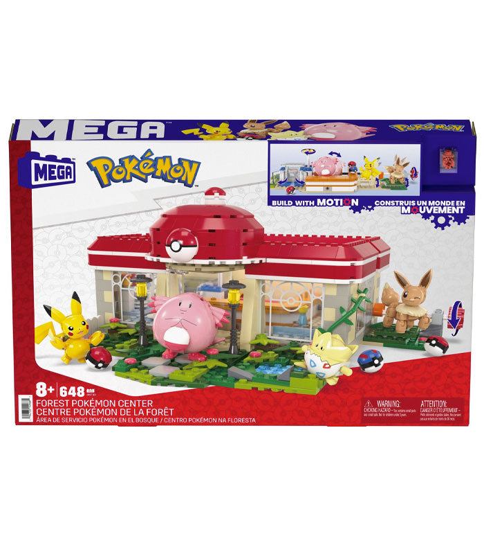 MEGA Pokemon Forest Pokemon Center building set with Pikachu, Chansey, Eevee, and Togepi figures.