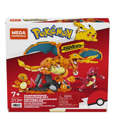 MEGA Pokemon Charmander Evolution building set with Charmander, Charmeleon, Charizard figures, suitable for ages 6+.