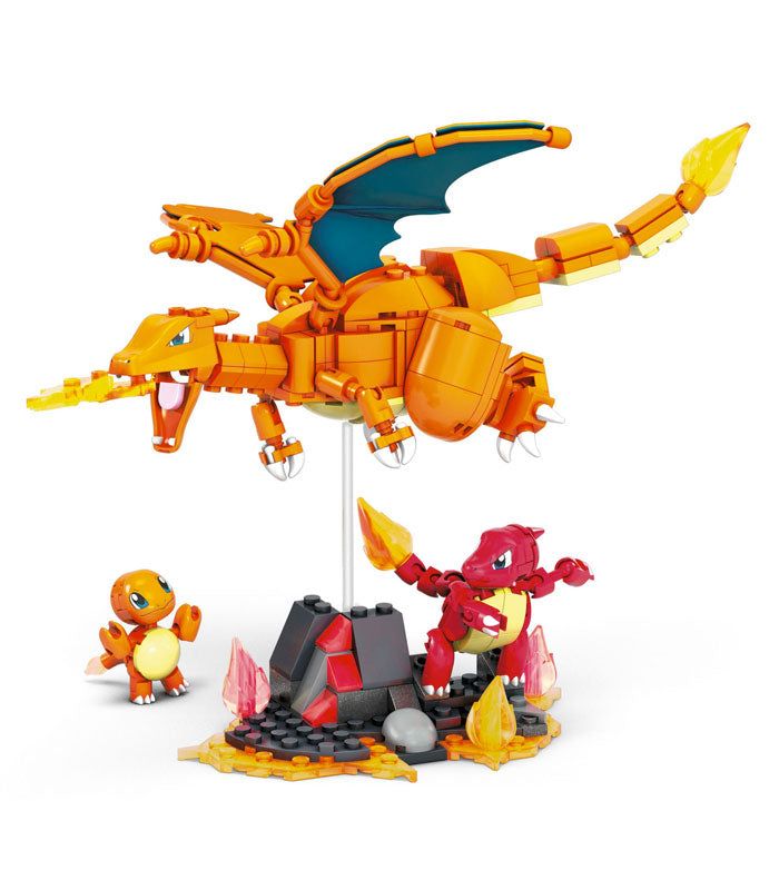 MEGA Pokemon Charmander Evolution building set with Charmander, Charmeleon, and Charizard figures and fire environment.