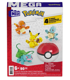 MEGA Pokemon Kanto Region First Partners building set with Bulbasaur, Charmander, Squirtle, Pikachu, and Poké Ball.