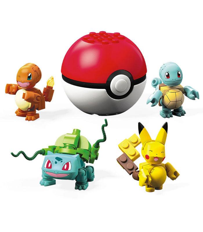 MEGA Pokemon Kanto Region First Partners building set featuring Bulbasaur, Charmander, Squirtle, Pikachu, and buildable Poké Ball.