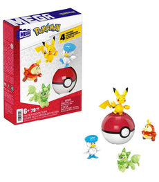 MEGA Pokemon Paldea Region Team building set with Pikachu, Sprigatito, Fuecoco, Quaxly figures, and Poké Ball.