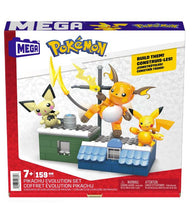 Load image into Gallery viewer, MEGA Pokemon Pikachu Evolution Set featuring Pichu, Pikachu, and Raichu with detailed rooftop environment.
