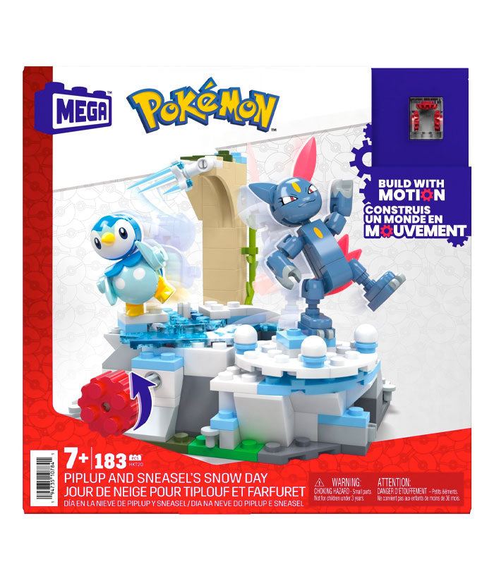 MEGA Pokemon Piplup & Sneasel's Snow Day building set featuring Motion Brick and snowy scene.
