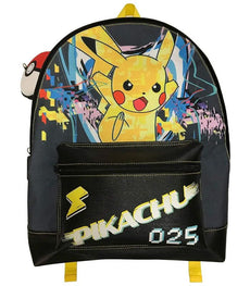 Pokemon Pikachu Backpack with Attached Pokeball Case featuring vibrant pixelated Pikachu design.
