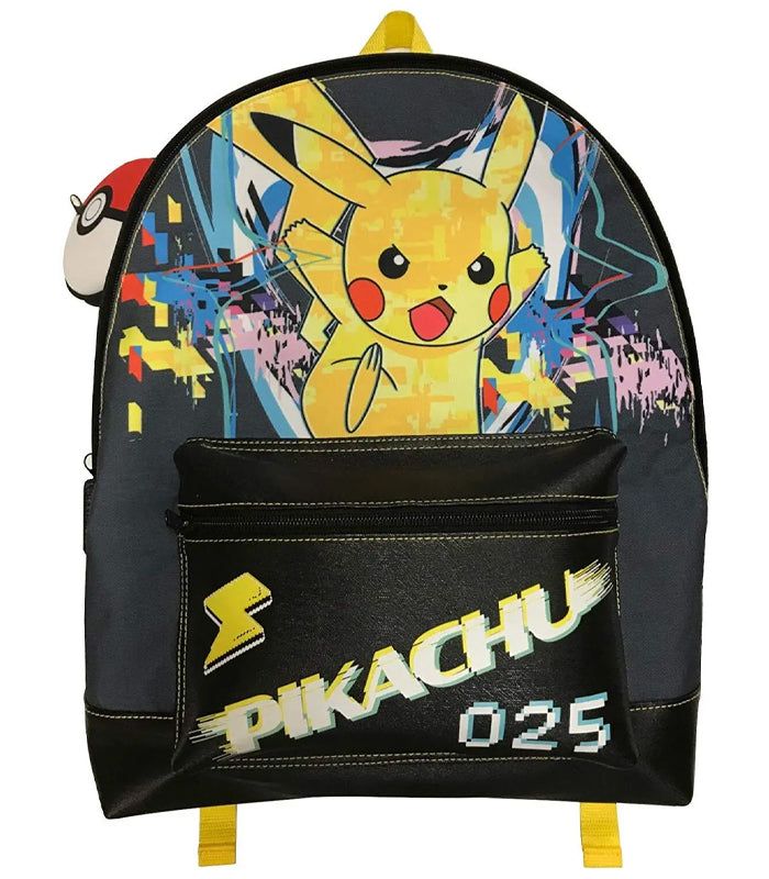 Pokemon Pikachu Backpack with Attached Pokeball Case featuring vibrant pixelated Pikachu design.