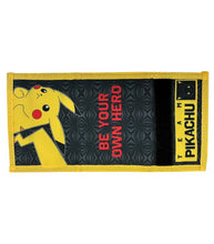 Load image into Gallery viewer, Pokemon Tri-fold Pikachu Wallet with Pikachu design and text &quot;Be Your Own Hero&quot;.
