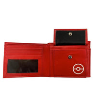 Load image into Gallery viewer, Pokemon Pokeball Bi-Fold Wallet with red interior, card slots, and coin pocket.
