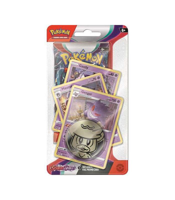 Pokemon Trading Card Game Scarlet & Violet Premium Checklane Blister with Gengar cards and coin.