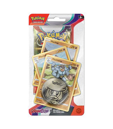Pokemon Trading Card Game Scarlet & Violet Premium Checklane Blister featuring Machamp cards, coin, and booster pack.