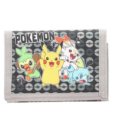 Pokemon Tri-fold Galar Starter Wallet featuring Pikachu, Grookey, Scorbunny, and Sobble with card slots and ID window.