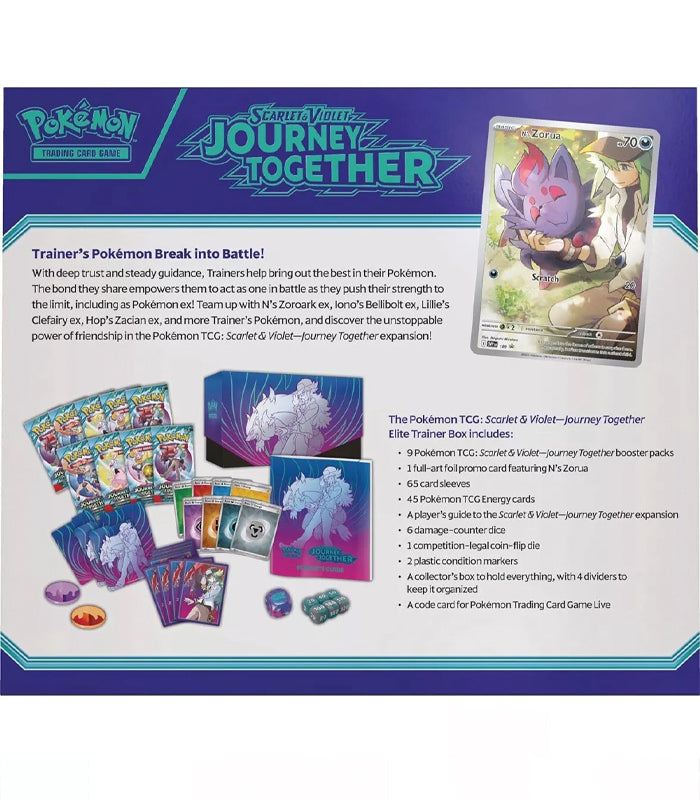 Pokemon TCG Journey Together Elite Trainer Box featuring booster packs, promo card, and game accessories.