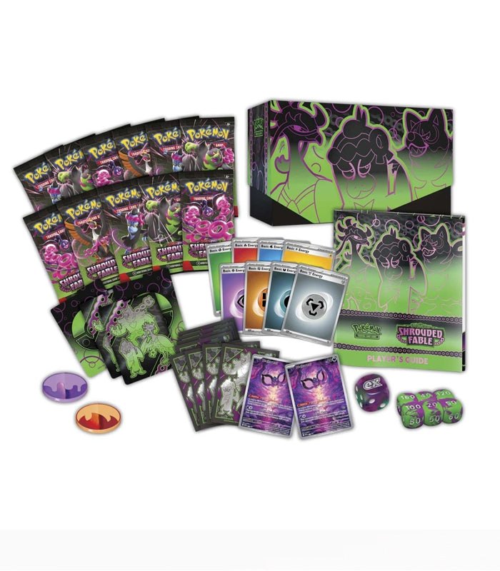 Pokemon TCG Scarlet & Violet 6.5 Shrouded Fable Elite Trainer Box contents with booster packs, promo card, and accessories.
