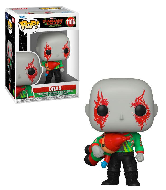 Marvel Guardians of the Galaxy Pop! Vinyl Figure - Holiday Drax with festive sweater and present.