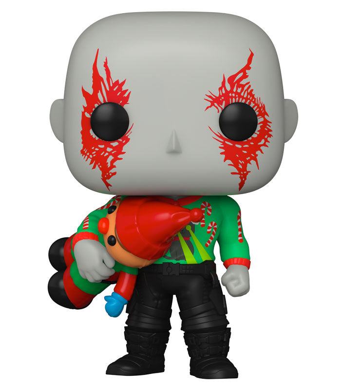 Vinyl Figure - Holiday Drax in festive sweater holding a present, 3.75 inches tall.
