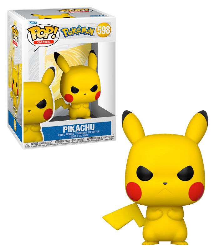 Grumpy Pikachu Pokemon POP! Vinyl Figure with fierce expression and vibrant yellow color.