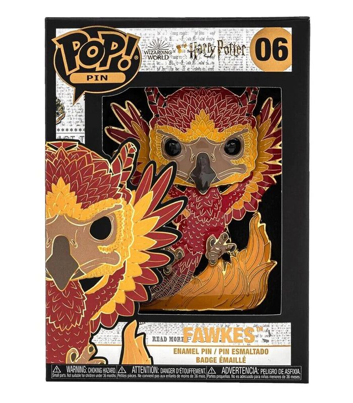 Funko POP! Pin featuring Fawkes from Harry Potter, vibrant enamel design.