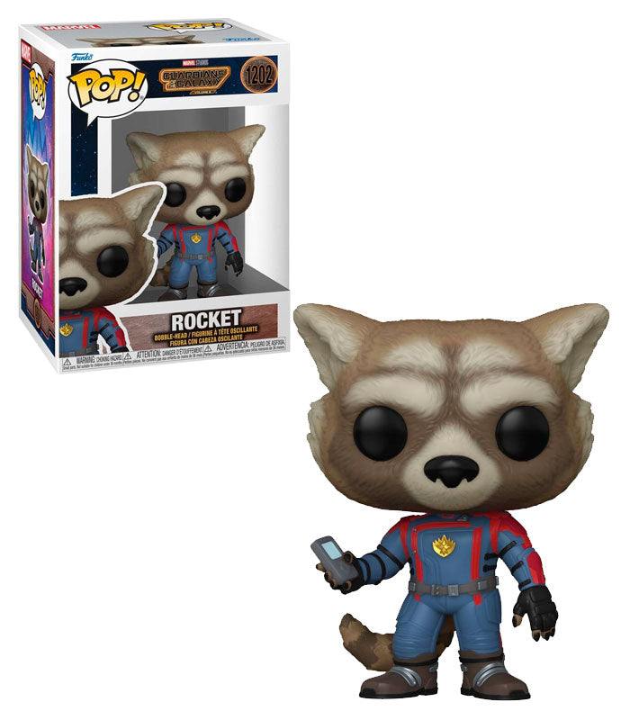 Marvel Guardians of the Galaxy 3 Pop! Vinyl Figure of Rocket, featuring detailed design and iconic outfit, standing 3.75 inches tall.