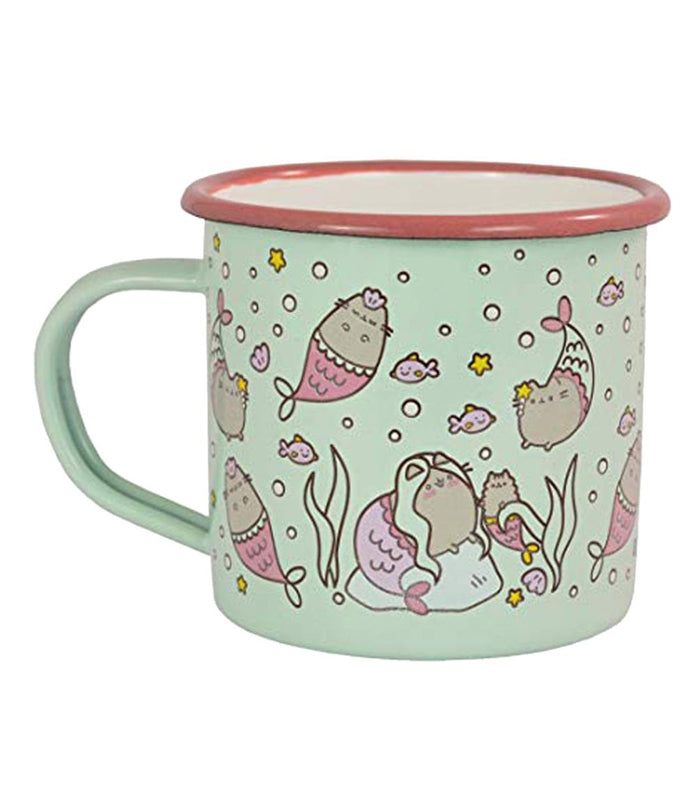 Pusheen Mermaid Enamel Mug with whimsical underwater design featuring Pusheen as a mermaid on a pastel background.