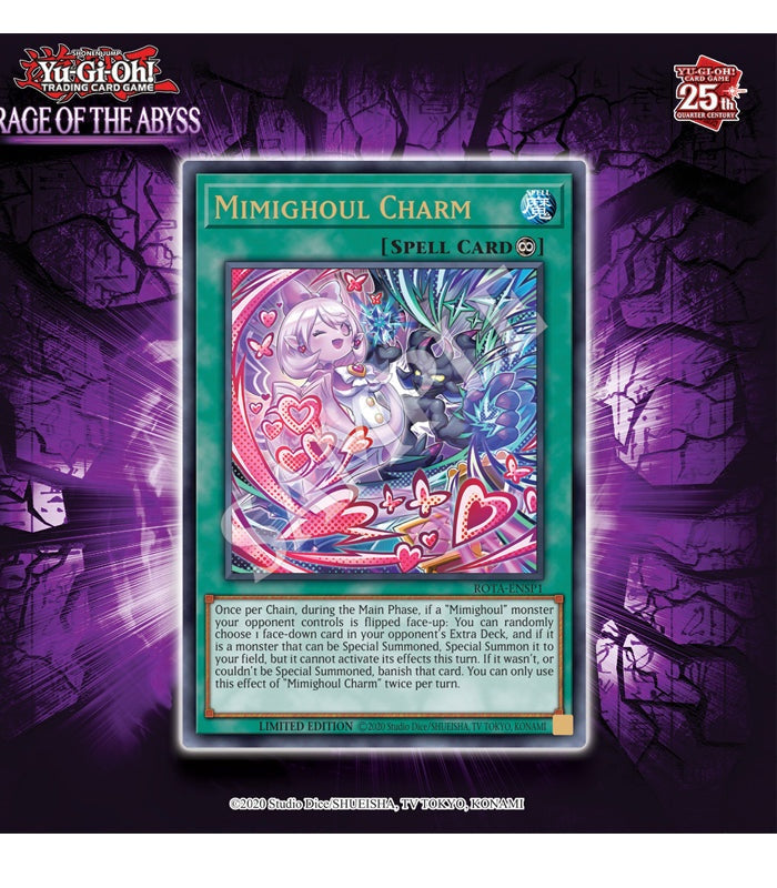 Yu-Gi-Oh! Rage of the Abyss Booster Box with Mimighoul Charm spell card.