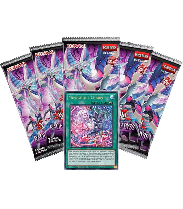 Yu-Gi-Oh! Rage of the Abyss Booster Box packs with Mimighoul Charm card displayed.