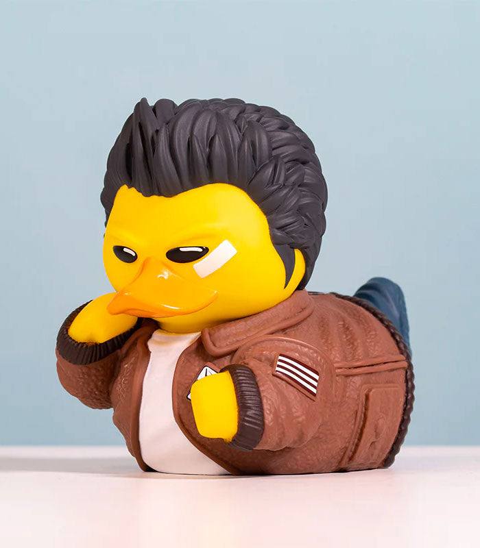TUBBZ Shenmue Ryo Hazuki collectible duck with brown leather jacket and plaster, SEGA merchandise.
