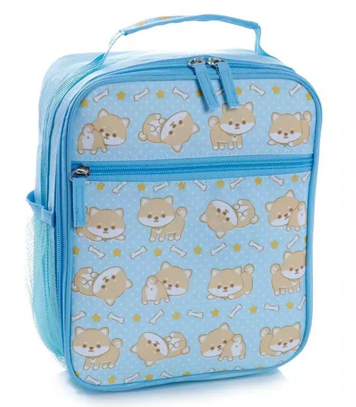 Shiba Inu Insulated Lunch Bag with cheerful dog illustrations on blue background.
