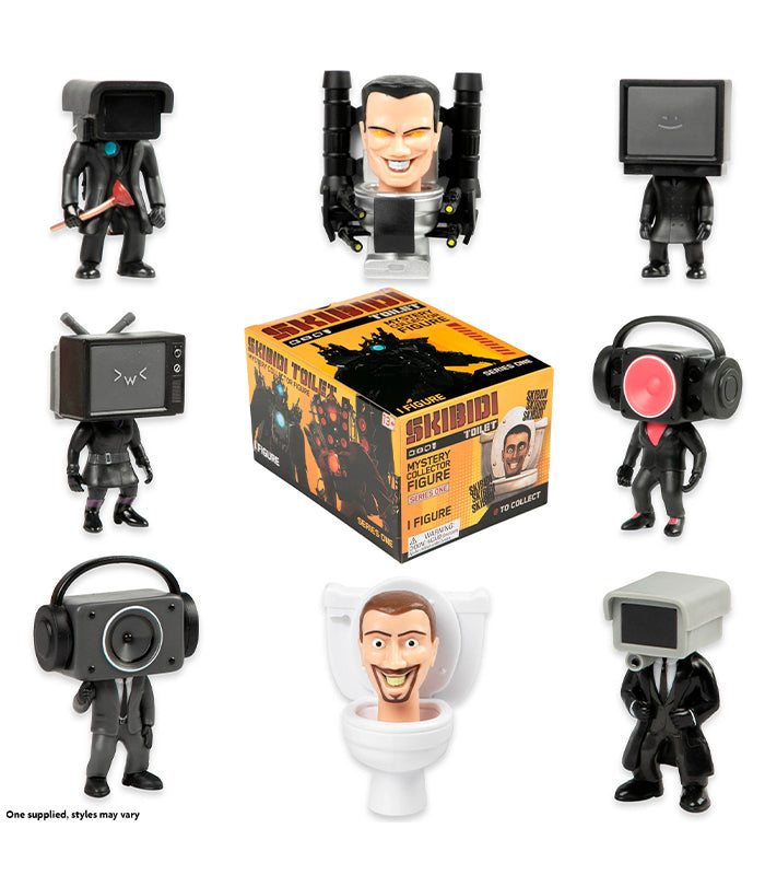 Skibidi Toilet Mystery Figure Series 1 collectible figures with box, featuring quirky characters.