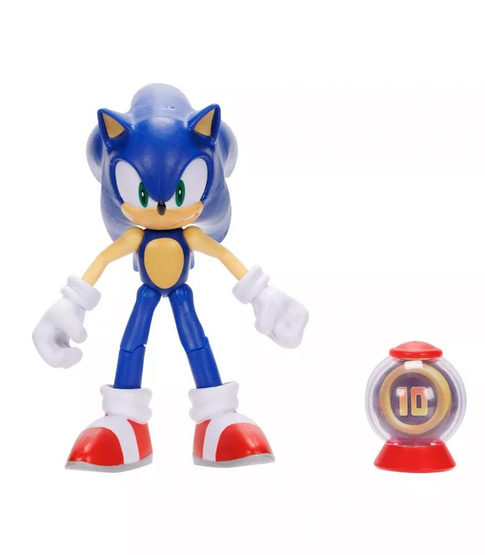 Sonic The Hedgehog figure with classic running pose next to a collectible ring container.