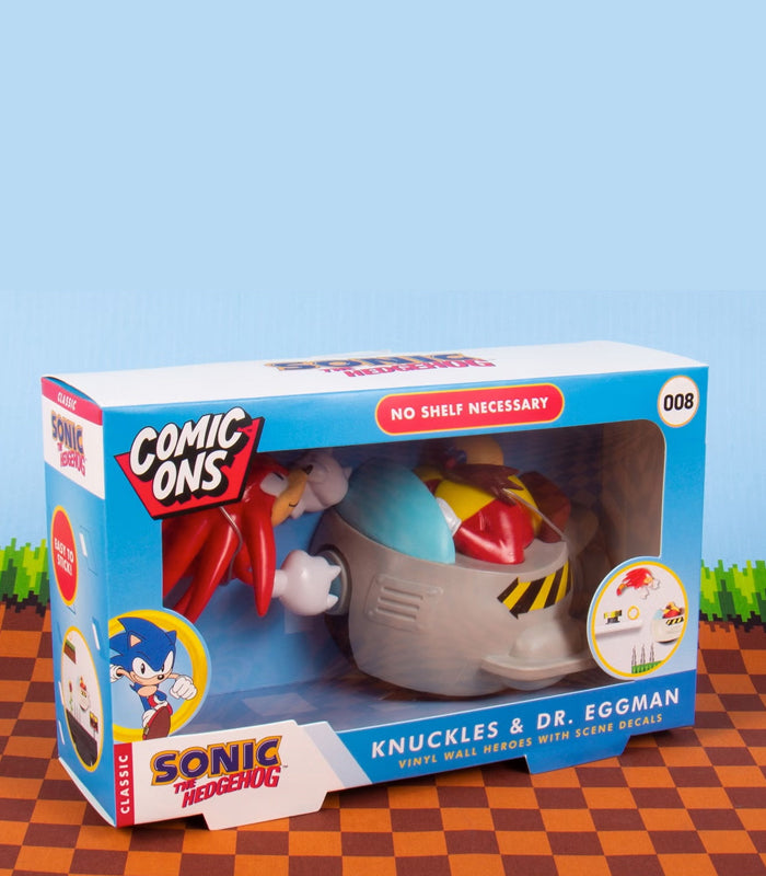 Sonic The Hedgehog Comic Ons Knuckles and Dr. Eggman wall heroes with decals in packaging.