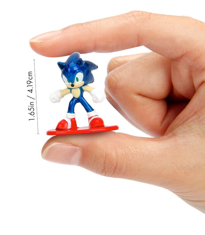 Sonic The Hedgehog die-cast metal mini figure held between fingers, 1.65 inches tall.