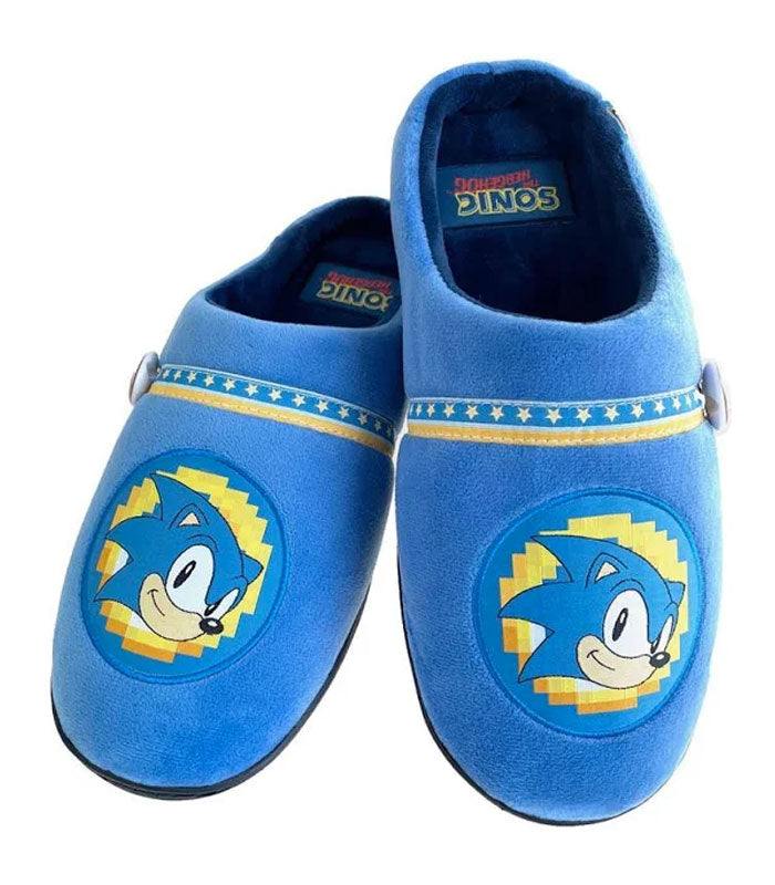 Men's Sonic the Hedgehog fleece mule slippers with rubber sole, featuring Sonic badge and star trim.