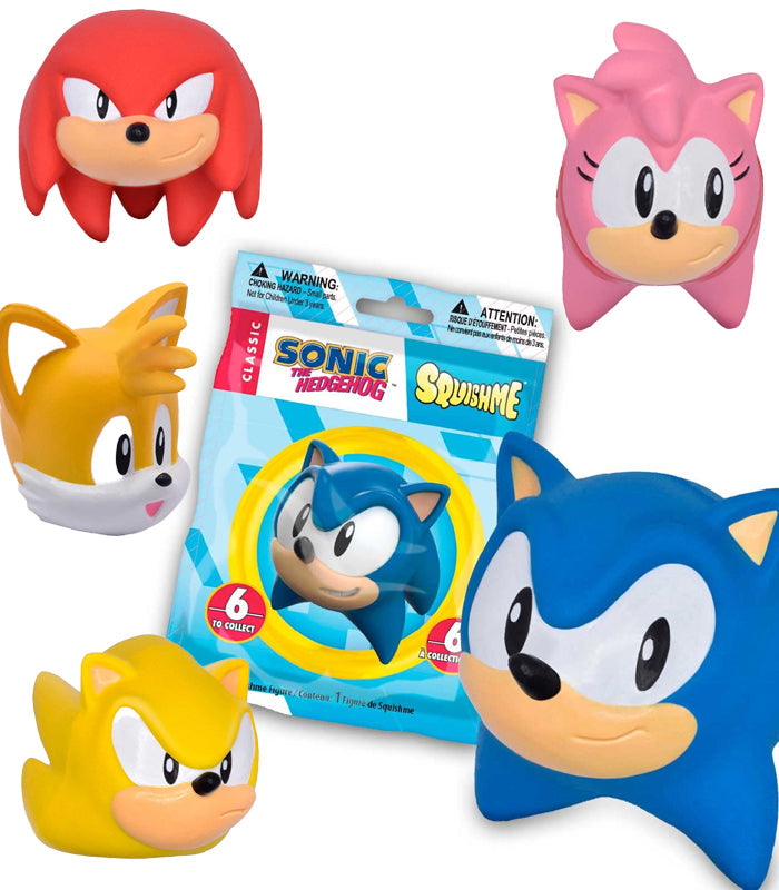 Sonic The Hedgehog Squishme figure blind bag with Sonic, Amy, Tails, Super Sonic, and Knuckles squishy toys.