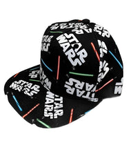 Load image into Gallery viewer, Star Wars 80s Flat Brim Cap with lightsaber design on black background.
