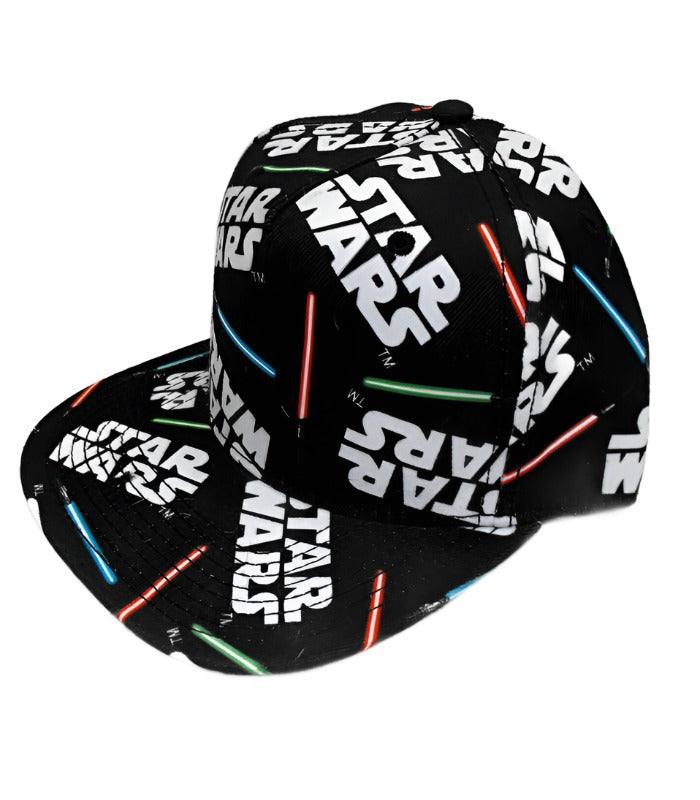 Star Wars 80s Flat Brim Cap with lightsaber design on black background.