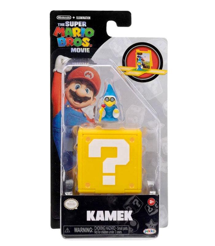 Super Mario Bros. Movie 3cm Kamek Mini Figure with Question Block in packaging.