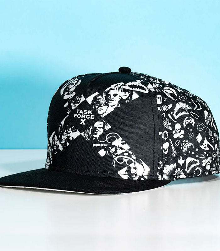 Official Suicide Squad Task Force X snapback with monochrome design featuring character details.