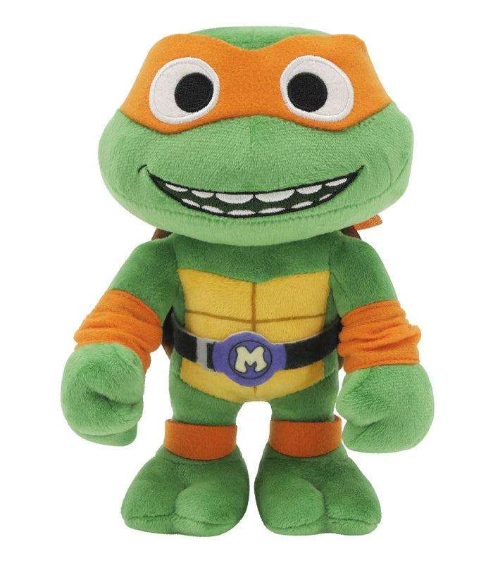 Teenage Mutant Ninja Turtles Mutant Mayhem Michelangelo 8" Plush with orange bandana and nunchaku.