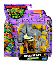Teenage Mutant Ninja Turtles Movie Rocksteady action figure in Mutant Mayhem packaging with accessories.