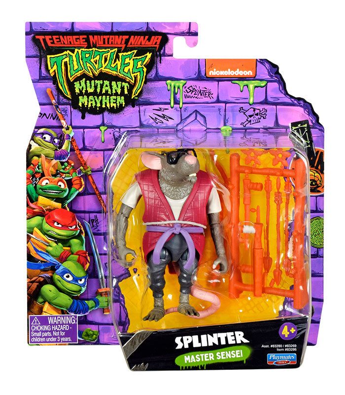 Teenage Mutant Ninja Turtles Movie Splinter action figure with accessories in Mutant Mayhem packaging.