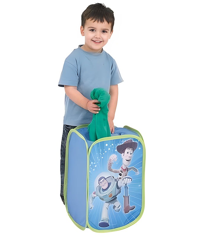 Toy Story Buzz & Woody Room Pop Up Tidy Storage Bin with child, featuring colorful design of Buzz Lightyear and Woody.