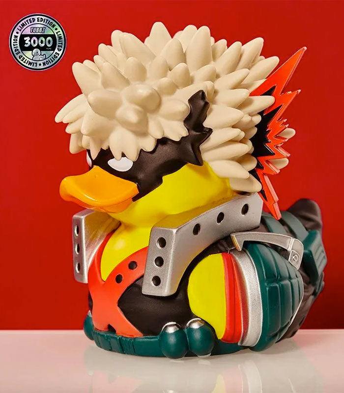 Hero Academia Katsuki Bakugo Collectible Duck in cosplay outfit with vibrant colors, displayed in a stackable bathtub box.